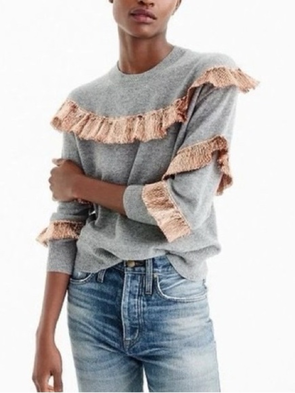 J.Crew Collection 100% Cashmere Metallic Fringe Sweater Gray XS
